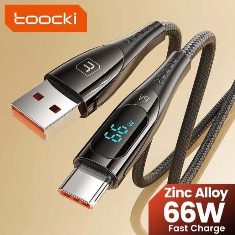 Кабель Toocki USB – Type-C PD 66W 6А LED дисплей швидка зарядка для смартфонів планшетів 1000мм Black (692485236313)