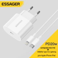 Зарядний пристрій Essager 20W Single port Mini Fast Charger в комплекті кабель Type-C To Lightning для Apple iPhone iPad PD & Data Cable 1.0m WHITE (694467558176)
