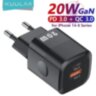 Зарядний пристрій KUULAA PD 20W GaN USB Type-C Швидка зарядка QC3.0+PD3.0 для Apple iPhone, iPad, Samsung, Xiaomi Black (69001508) 