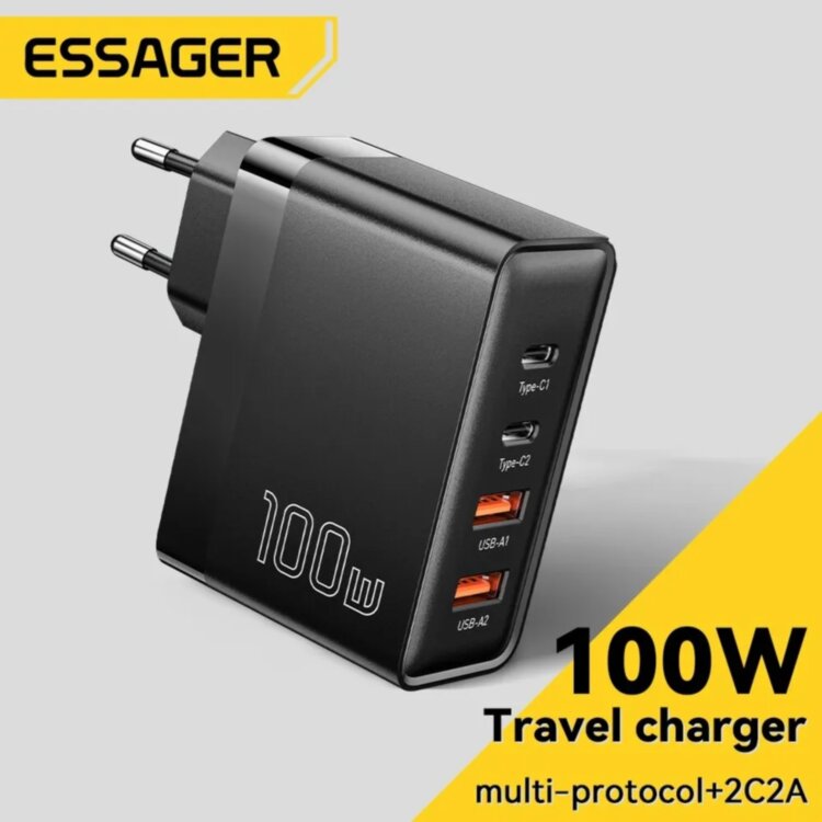Зарядний пристрій Essager 100W GaN PPS PD+QC4.0 Multi USB 4-ports (2USB + 2 Type-C) для ноутбука планшета смартфона та ін. 