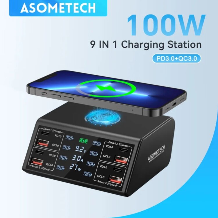 Зарядна станція ASOMETECH 100W багатофункціональна 8-портова+Бездротова QI зарядка LED дисплей Швидка зарядка QC3.0 PD3.0