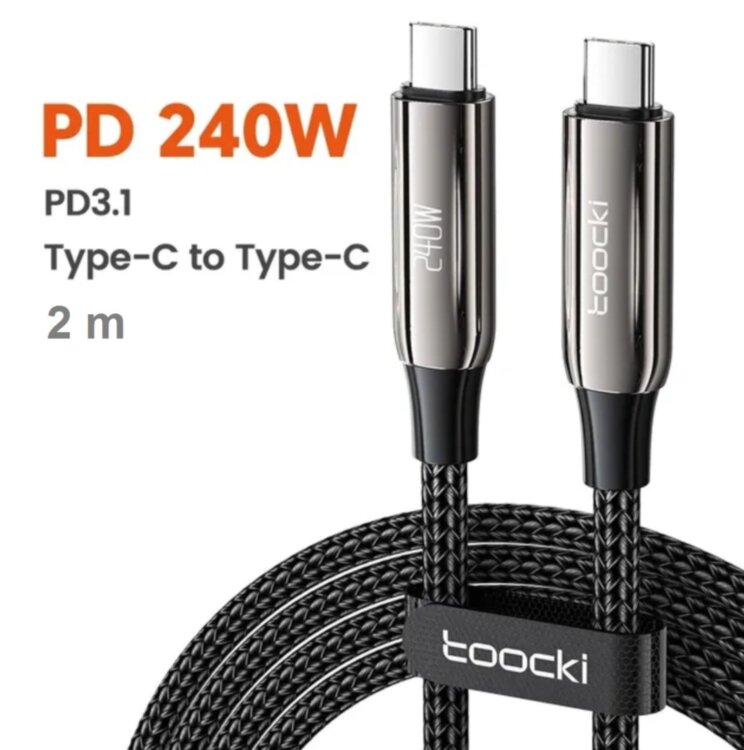 Кабель Toocki Type-C to Type-C 240W (48V/5А) PD3.1 швидка зарядка та передача данних для ноутбуків планшетів 2000mm BLACK (735375313208)