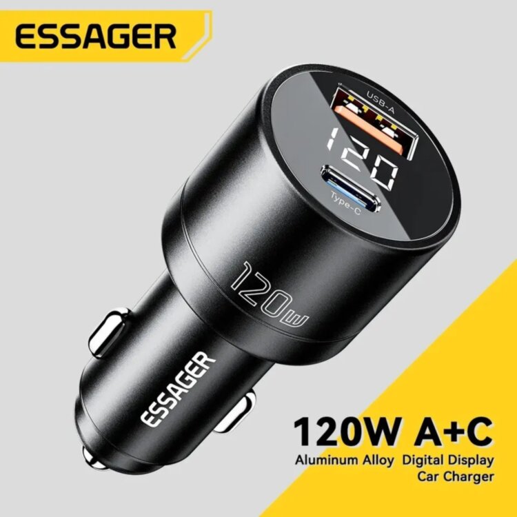 Швидкий автомобільний зарядний пристрій Essager 120W USB+TypeC з цифровим дисплеєм для ноутбуків, планшетів, смартфонів Apple iPhone, iPad, MacBook, Huawei Honor, Xiaomi, Samsung, OPPO (757088337077)