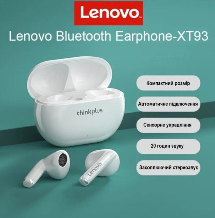 Бездротові навушники Lenovo XT93 Bluetooth 5.2 TWS Сенсорне керування White
