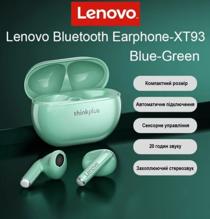 Бездротові навушники Lenovo XT93 Bluetooth 5.2 TWS Сенсорне керування Blue-Green 