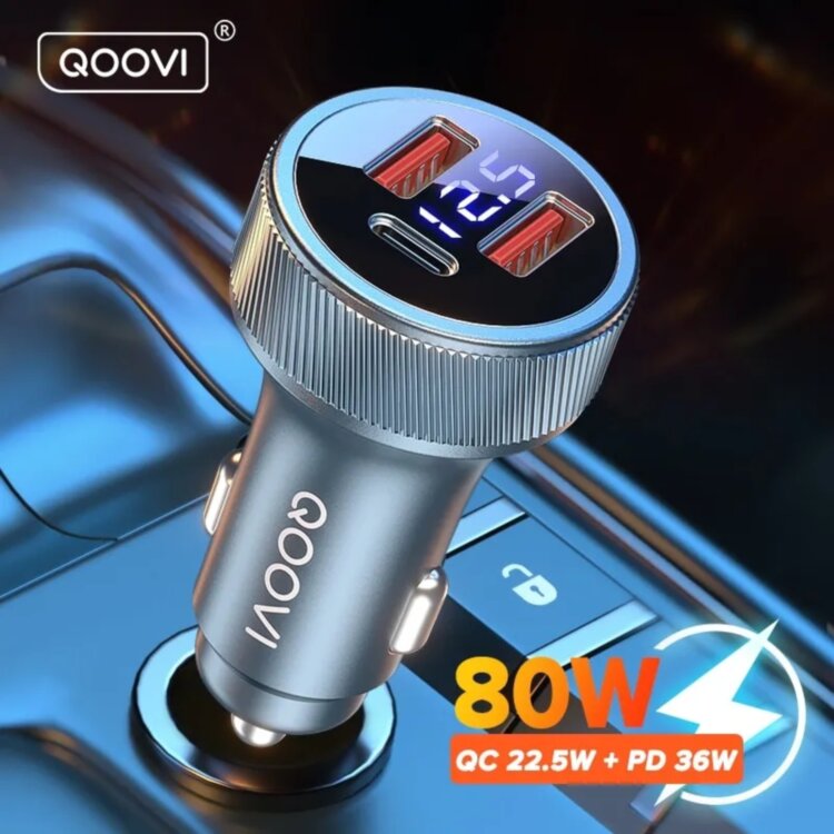 Автомобільний зарядний пристрій QOOVI 80W 2 USB + Type C швидка зарядка PD для iPhone14 Xiaomi Samsung iPad для ноутбуків та планшетів